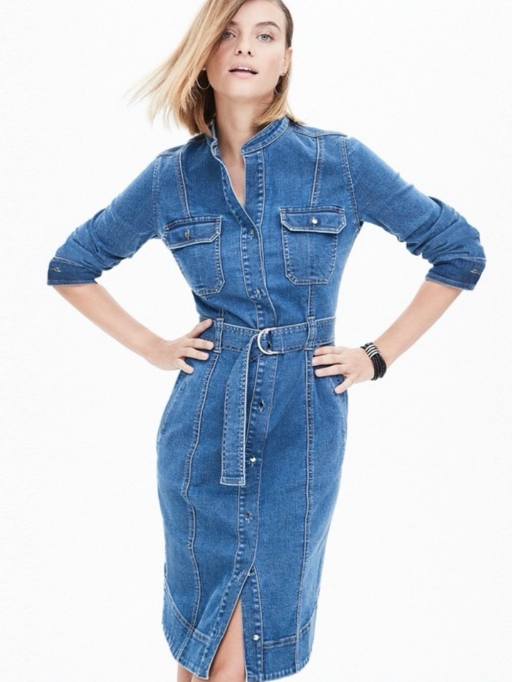 White House Black Market Blue Denim Midi Shirt Dress with Belt